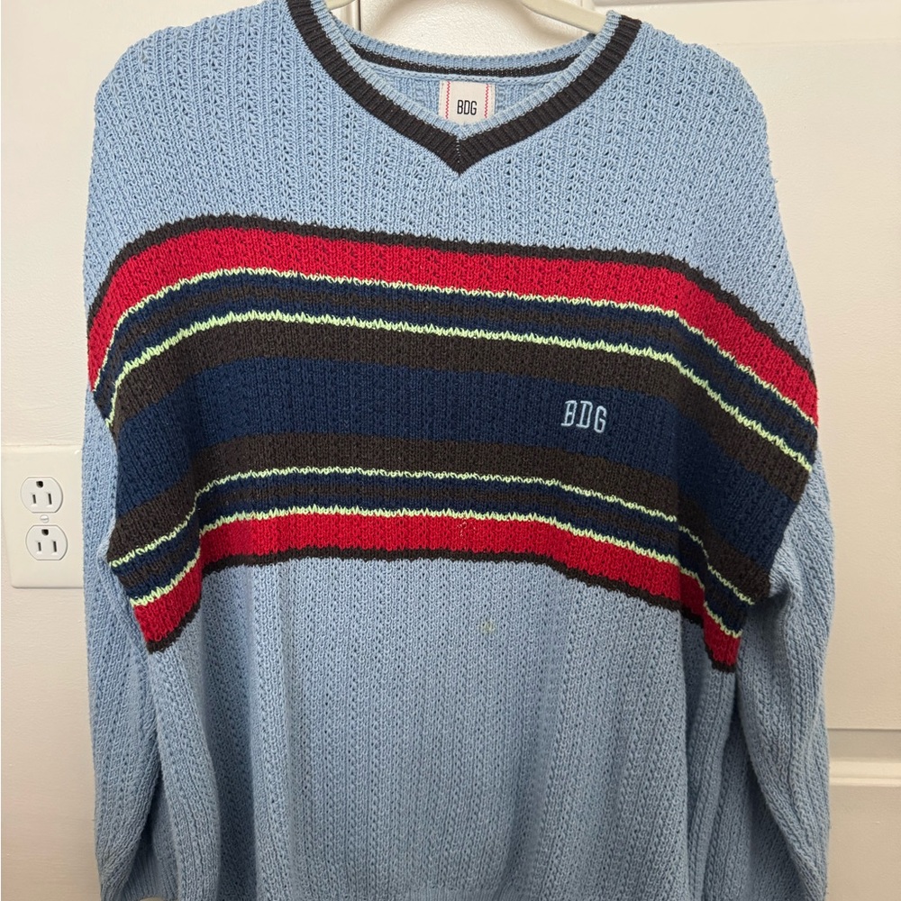 BDG V-Neck Sweater in Blue with Red and Black Stripes